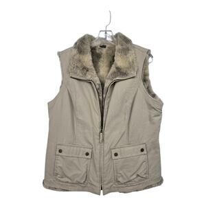 Tribal Faux Fur Canvas Utility Vest Womens LG Tan Reversible Pockets Gorpcore